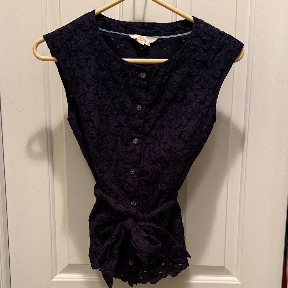 Boden Dark Blue Lace Sleeveless Blouse with Removable Tie
